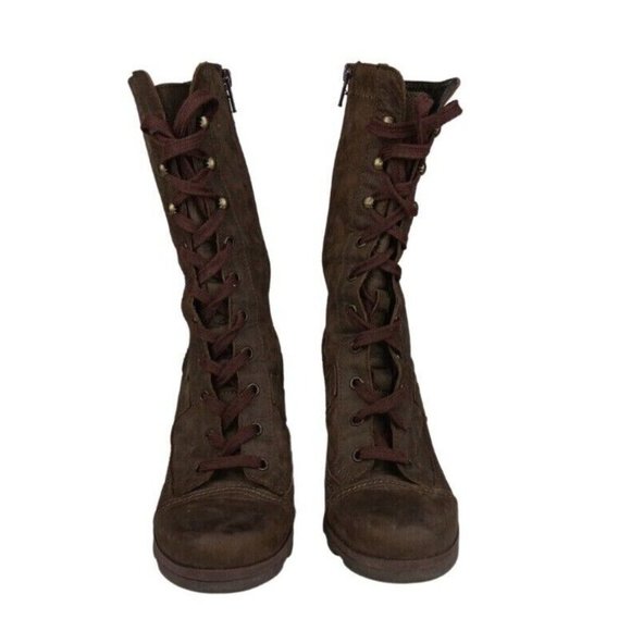 Barneys New York Boots womens Brown Leather lace up Heel block Sz 37/SZ 7 - Picture 3 of 4